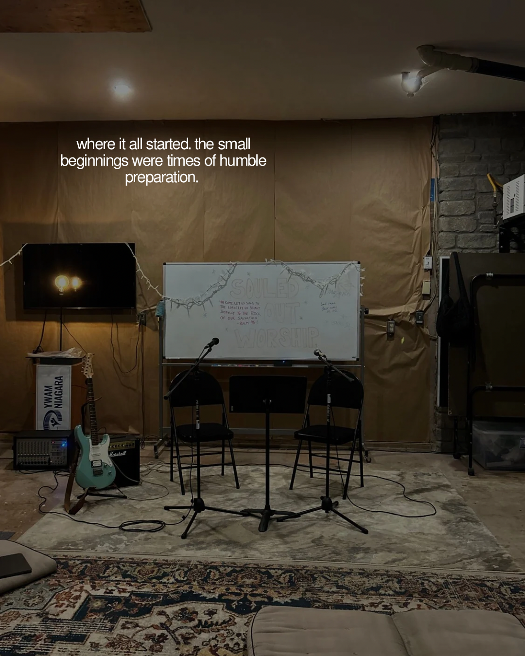 The small beginnings of Souled Out Worship with microphones and instruments prepared